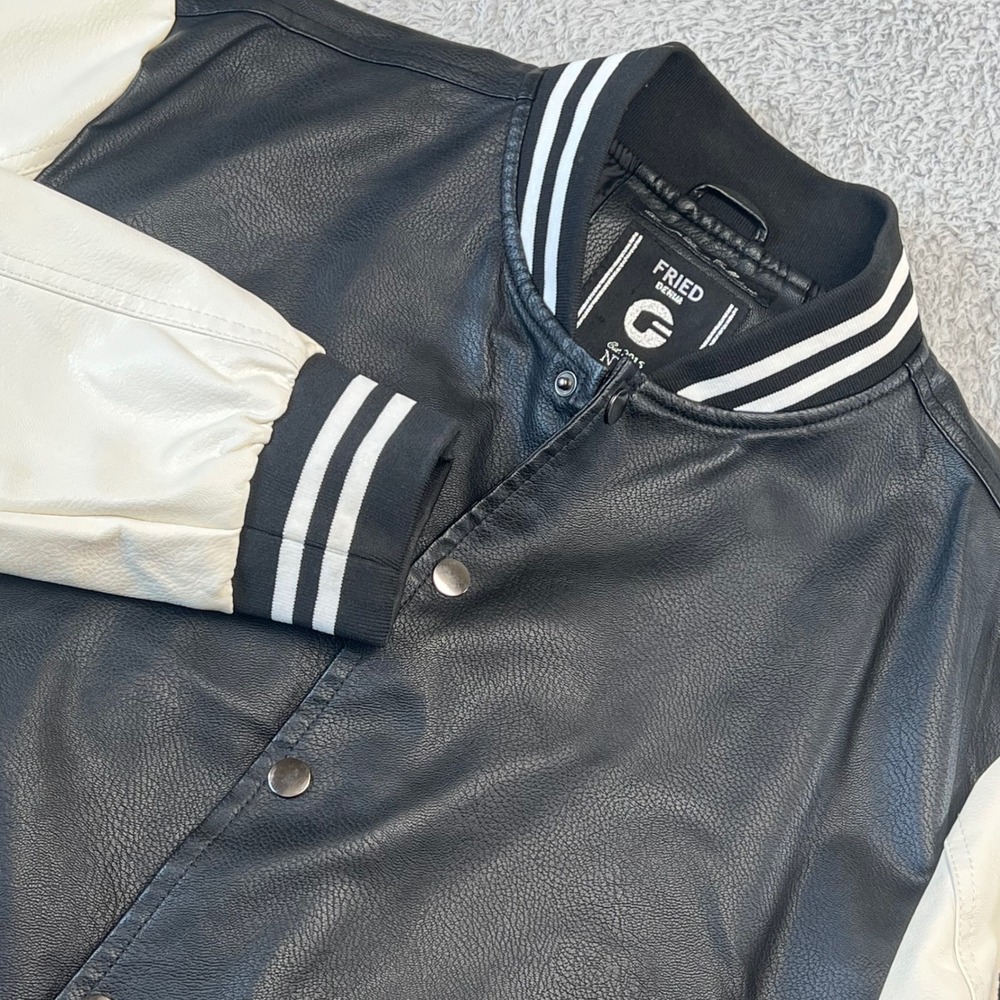 Fried Denim Mens Faux Leather Varsity Letterman Jacket Black White‎ XL NYC